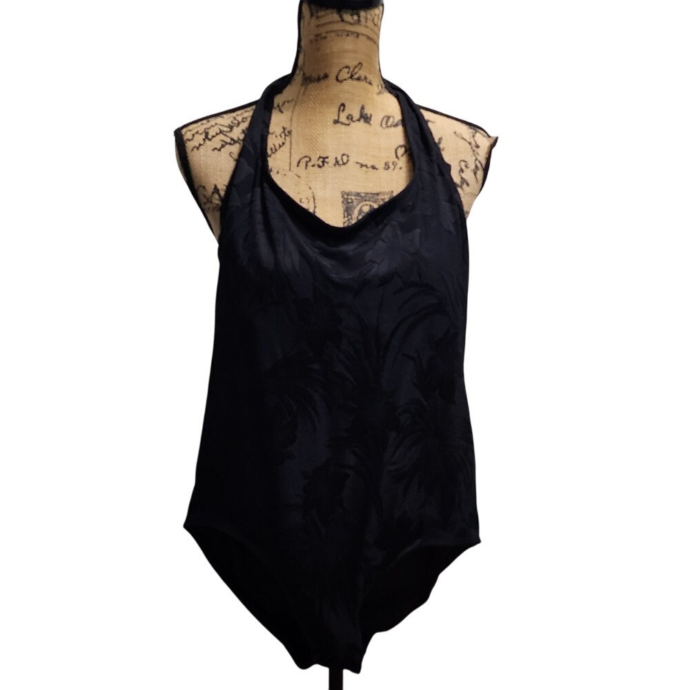 Sirong Black Floral Halter One Piece Swimsuit Padded Cups Lined 16